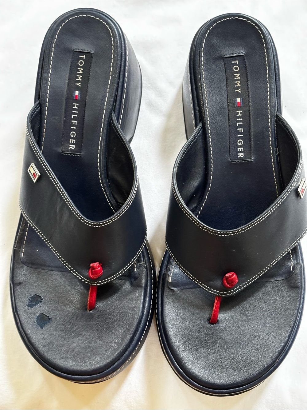 Tommy Hilfiger Y2K Navy Leather Platform Thong Sandals with Red Toe strap